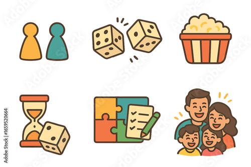 Family Game Night Highlights. Flat vector mini-illustrations family game night in colors children's