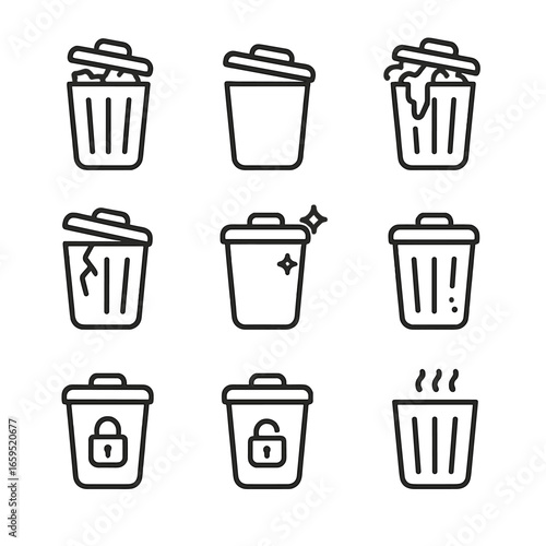 Trash Bin Icons. Outline icon set of trash can conditions: full bin, empty bin, overflowing bin, broken bin, clean bin, dirty bin,