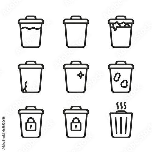 Trash Bin Icons. Outline icon set of trash can conditions: full bin, empty bin, overflowing bin, broken bin, clean bin, dirty bin,