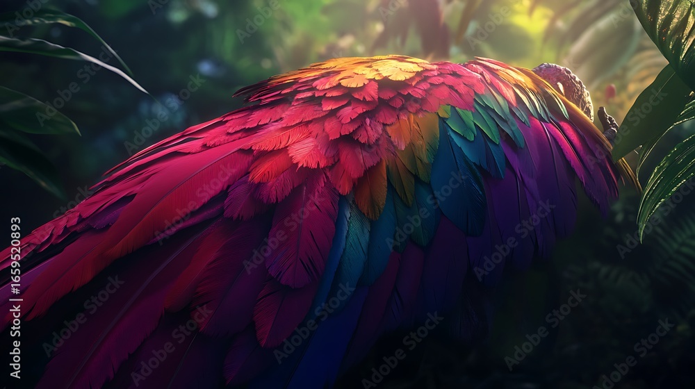 Obraz premium Vibrant Macaw Feather Detail in Lush Rainforest Sunlight.