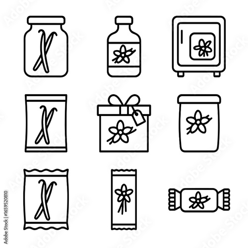 Vanilla Storage Icons. Outline icon set of vanilla storage and preservation: vanilla pods in jar, vanilla extract bottle,