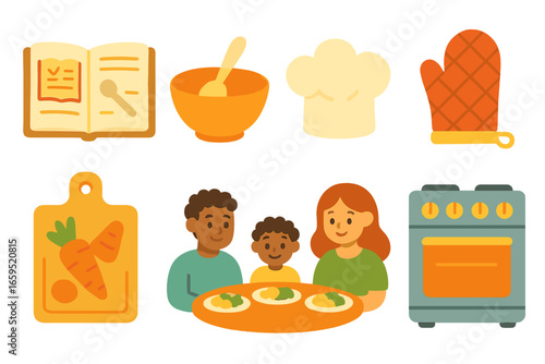 Family Recipe Icons. Flat vector mini-illustrations Passing down recipes and cooking stories in colors