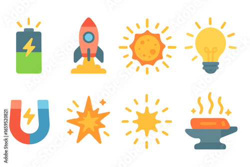 Energy Icons Grid. Flat vector mini-illustrations energy release in colors children's illustrations: battery emitting light,