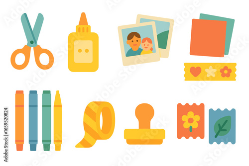 Family Scrapbooking Essentials. Flat vector mini-illustrations Creating family scrapbooks in colors children's