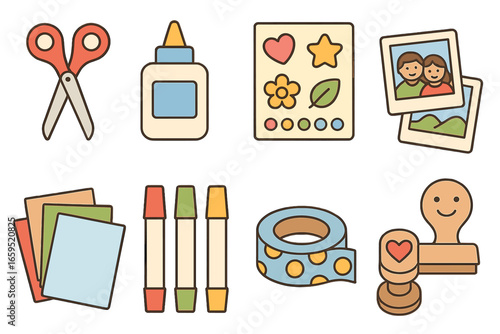 Family Scrapbooking Essentials. Flat vector mini-illustrations Creating family scrapbooks in colors children's