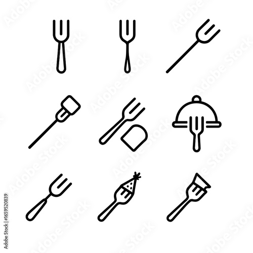 Versatile Fork Icons. Outline icon set of fork uses: eating fork, serving fork, cooking fork, tasting fork, camping fork, picnic