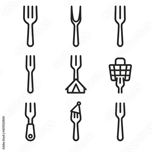Versatile Fork Icons. Outline icon set of fork uses: eating fork, serving fork, cooking fork, tasting fork, camping fork, picnic