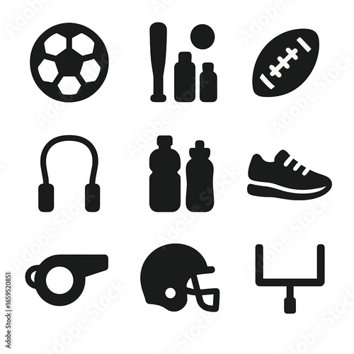 Family Sports Icons. Solid, filled icons set of families playing outdoor sports: soccer ball, baseball bat,