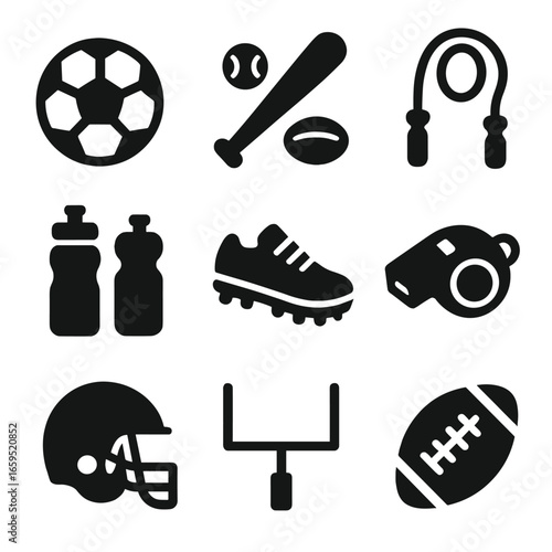 Family Sports Icons. Solid, filled icons set of families playing outdoor sports: soccer ball, baseball bat,