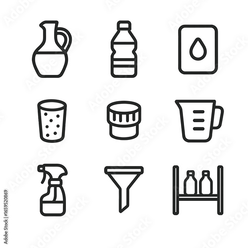 Vinegar Packaging Icons. Outline icon set of vinegar packaging: glass bottle, plastic bottle, label, cork stopper, screw cap,