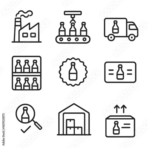 Vinegar Production Icons. Outline icon set of vinegar commercial production: factory, bottling line, delivery truck, retail shelf,