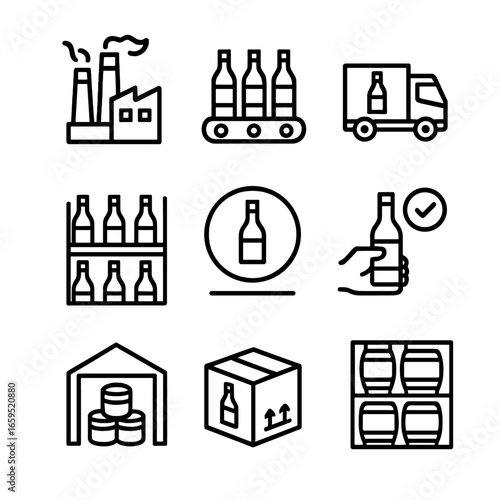 Vinegar Production Icons. Outline icon set of vinegar commercial production: factory, bottling line, delivery truck, retail shelf,