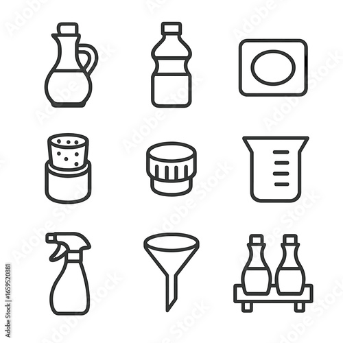 Vinegar Packaging Icons. Outline icon set of vinegar packaging: glass bottle, plastic bottle, label, cork stopper, screw cap,