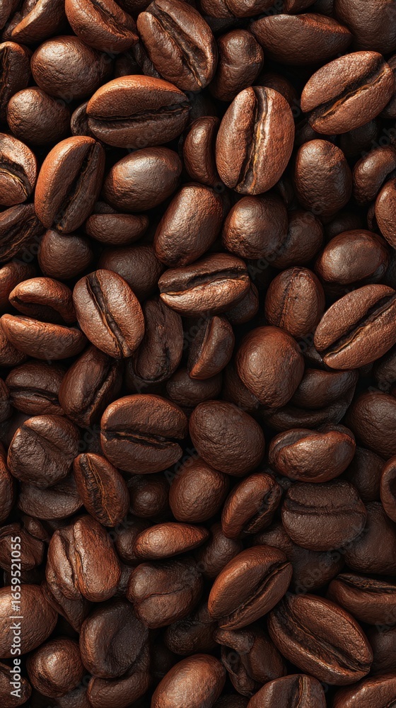 Fototapeta premium Roasted Coffee Bean Closeup: An immersive macro photograph, showcasing the rich textures and deep hues of freshly roasted coffee beans, promising a sensory experience. Generative AI