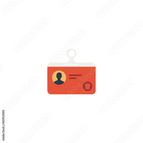 Red identification badge with lanyard, featuring a profile icon and text fields.