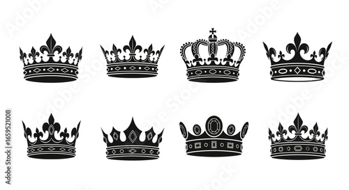 Eight detailed illustrations of various ornate crowns, displayed on a white background.