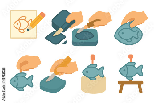 Wax Carving Steps. Flat vector mini-illustrations wax carving steps in colors children's illustrations: drawing design, cutting