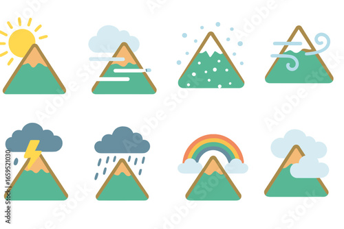Weather Mountain Icons. Flat vector mini-illustrations mount weather in colors children's illustrations: sunny peak, foggy