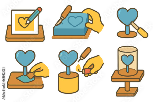 Wax Carving Steps. Flat vector mini-illustrations wax carving steps in colors children's illustrations: drawing design, cutting