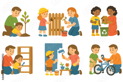 Family Weekend Activities. Flat vector mini-illustrations weekend family projects in colors children's