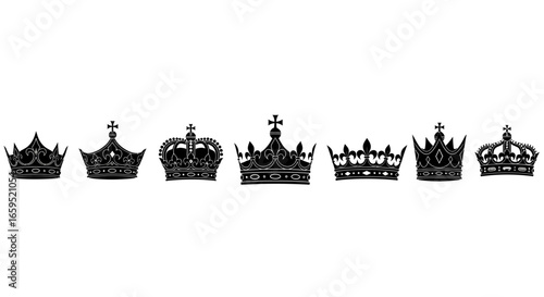 Silhouette illustration of various ornate crowns, arranged horizontally.