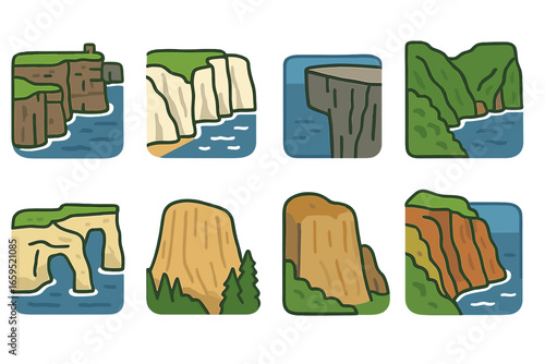 Famous Cliffs Icons. Flat vector mini-illustrations Famous cliffs of the world in colors children's