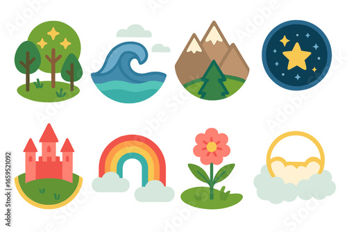 Whimsical Storybook Icons. Flat vector mini-illustrations storybook settings in colors children's illustrations: magical forest