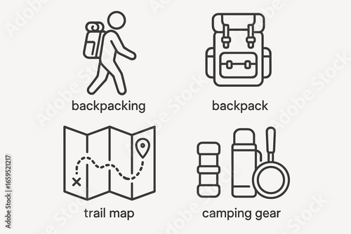 Minimalist icons of backpacking, backpack, trail map, and camping gear
