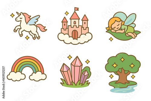 Fantasy Dream Icons. Flat vector mini-illustrations Fantasy dream scenes in colors children's illustrations:
