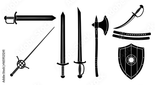 Collection of medieval weaponry silhouettes: swords, axe, saber, and shield.