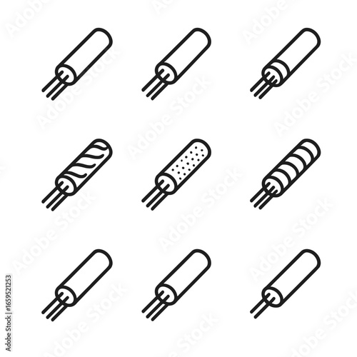 Wire Insulation Icons. Outline icon set of wire insulation types: PVC insulation, rubber insulation, silicone insulation, Teflon