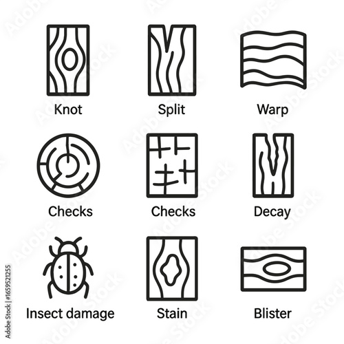 Wood Defect Icons. Outline icon set of wood defects: knot hole, split, warp, shake, checks, decay, insect damage, stain, blister.