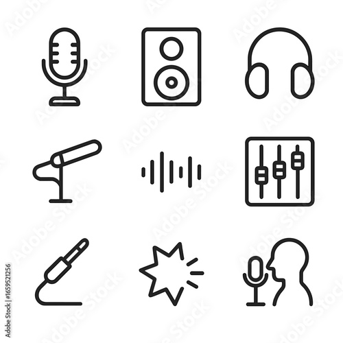 Film Sound Icons. Outline icon set of film sound elements: microphone, speaker, headphones, boom mic, sound wave, mixer, audio