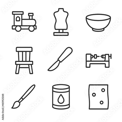 Woodcraft Icon Set. Outline icon set of log crafts: wooden toy, sculpture, bowl, chair, carving knife, woodturning lathe,