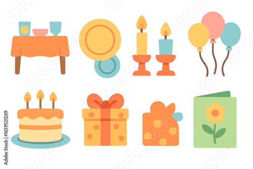 Farewell Dinner Setup. Flat vector mini-illustrations farewell dinner setup in colors children's illustrations