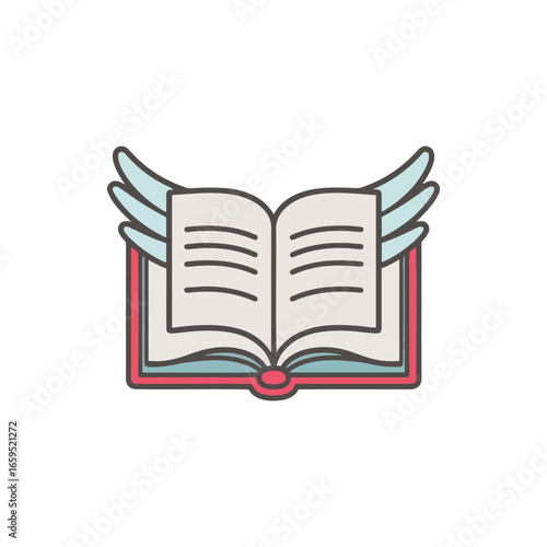 A charming illustration of an open book with wings, symbolizing the power of knowledge, imagination, and learning.