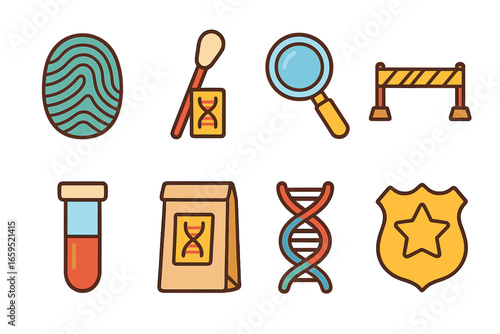 Forensic Science Icons. Flat vector mini-illustrations DNA in forensic science in colors children's illustrations: fingerprint,