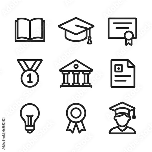 Academic Icon Set. Outline icon set of academic success: open book, graduation cap, certificate, medal, academic building,