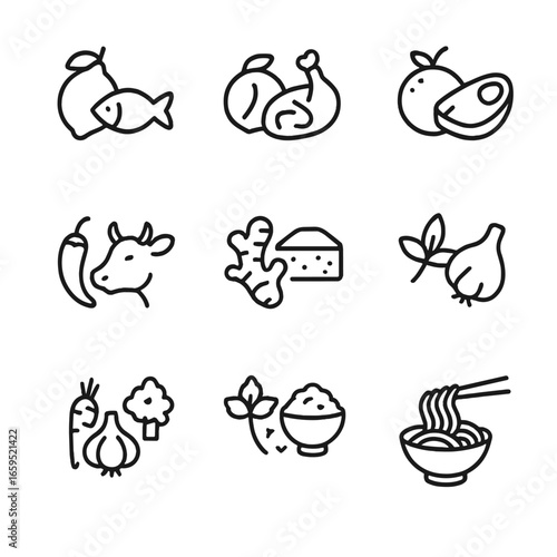 Zesty Food Pairing Icons. Outline icon set of zesty food pairings: lemon and fish, lime and chicken, orange and pork, chili and