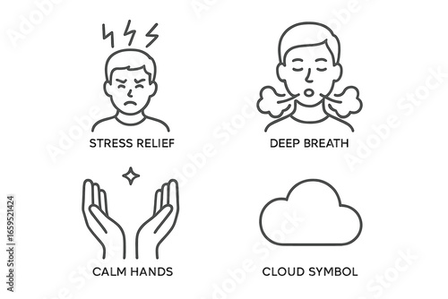 Stress relief symbols: deep breath techniques and calm hand gestures for relaxation
