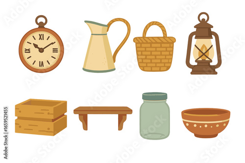 Farmhouse Charm Icons. Flat vector mini-illustrations Vintage farmhouse accessories in colors children's