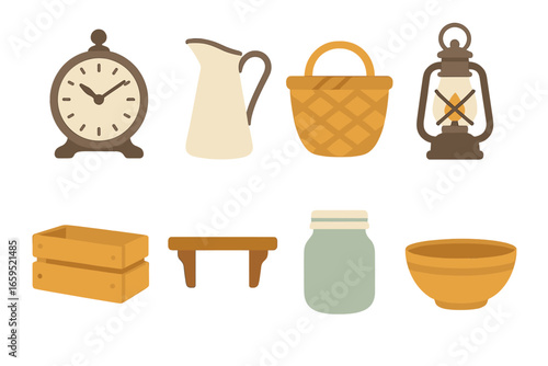 Farmhouse Charm Icons. Flat vector mini-illustrations Vintage farmhouse accessories in colors children's