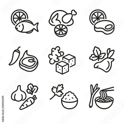Zesty Food Pairing Icons. Outline icon set of zesty food pairings: lemon and fish, lime and chicken, orange and pork, chili and