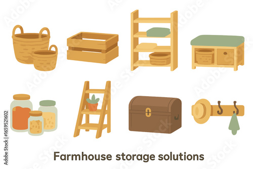 Farmhouse Storage Icons. Flat vector mini-illustrations Farmhouse storage solutions in colors children's