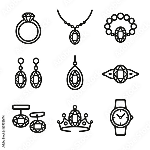 Amethyst Jewelry Icons. Outline icon set of amethyst jewelry: amethyst ring, amethyst necklace, amethyst bracelet, amethyst