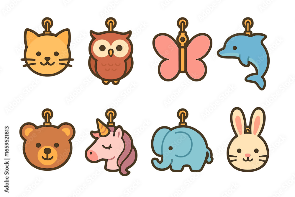 Obraz premium Animal Locket Collection. Flat vector mini-illustrations animal-shaped lockets in colors children's illustrations: cat-shaped