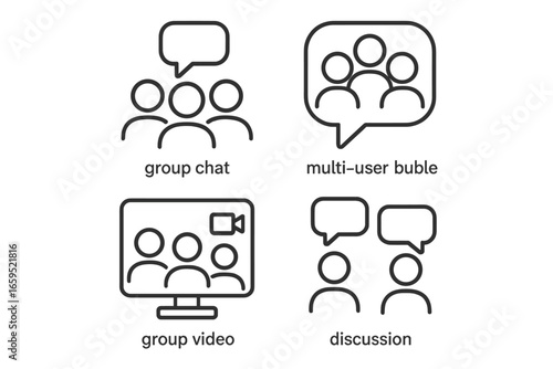 Simple line art icons for group chat, multi-user bubble, group video, and discussion