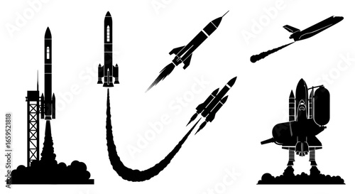 Silhouettes of various rockets and a jet, in different stages of flight, against a white background.
