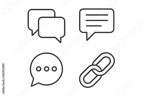 Simple line icons of speech bubbles and chain link symbol on white background