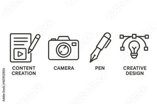 Content creation tools icons: camera, pen, creative design illustrations